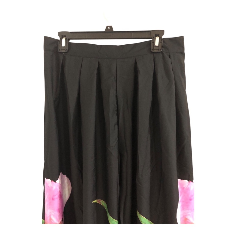 Black pink hibiscus floral tropical print hem wide leg flowy pants size XL new - Picture 6 of 17